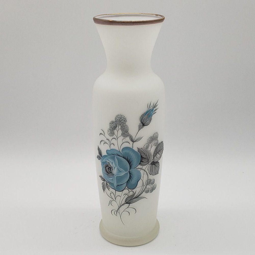 Norleans Vintage Satin Milk Glass Blue Roses Grey Leaves Gold Gilt Vase - Picture 11 of 11